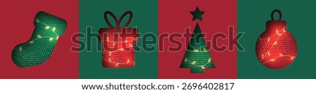 Christmas vector illustration with glowing garlands on cutout shapes of tree, bauble, gift, and stocking in red and green colors. Elegant festive background for holiday greeting or winter design.