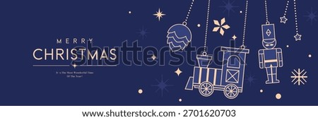 Christmas vector illustration with gold hanging ornaments on blue background. Season's greeting design for banner, poster, cover, greeting card.