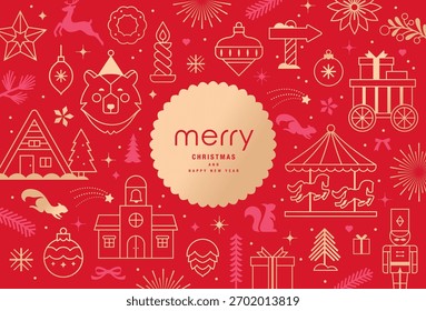 Christmas vector illustration with golden Christmas elements on red background. Season's greeting design for banner, poster, cover, greeting card.
