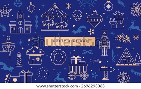 Christmas vector illustration with golden Christmas elements on blue background. Season's greeting design for banner, poster, cover, greeting card.