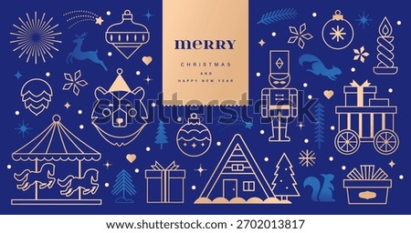 Christmas vector illustration with golden Christmas elements on blue background. Season's greeting design for banner, poster, cover, greeting card.