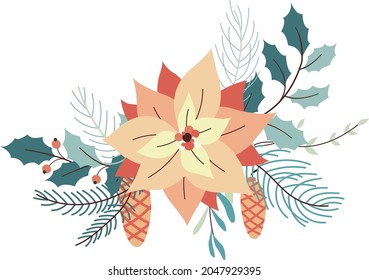 Christmas vector illustration. Christmas greenery. New year 2022. Christmas bouquet. Holiday composition. Poinsettia, spruce, pine, holly leaves