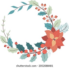 Christmas vector illustration. Christmas greenery. New year 2022. Christmas wreath with poinsettia, spruce, pine