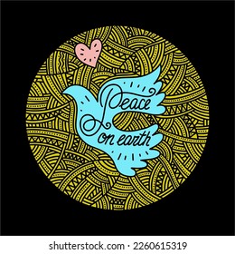 Christmas vector illustration. A hand-drawn dove, and the inscription "peace on earth".