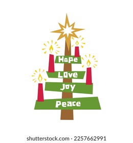 Christmas vector illustration. Holiday Advent candles lit in anticipation of the birth of the Lord and Savior Jesus Christ.