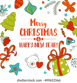 Christmas vector illustration. Holiday greeting card with doodle and typography.