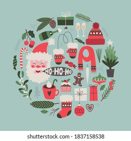 Christmas vector illustration with holiday traditional symbols. New Year concept for greeting cards, posters, banners, flayers. Hand drawn digital artwork  in cartoon simple style.