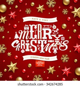 Christmas vector illustration - holidays decorations and type design on a knitted red background