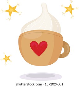 Christmas vector illustration with hot cozy cup and stars. Winter cute set. Cartoon colorful poster on white background. Isolated vector objects.