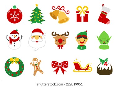 Christmas vector illustration icon set. Included the icons as reindeer, elf, cartoon, Santa Claus, snowman, gift and more.