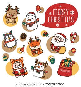 Christmas vector illustration icon set. Included the icons as reindeer, fox, cartoon, Santa Claus, snowman, gift and more