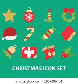 Ilustración vectorial de Navidad aislada en el fondo de color. Incluyendo regalos, medias, guantes, sombreros, estrellas, campanas, etc. bueno para tarjetas de felicitación, web, banners, etiquetas, etiquetas, etc.