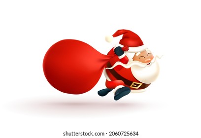 Ilustración vectorial de Navidad aislada en fondo blanco. Caricatura divertida de Santa Claus, personaje en funcionamiento con una enorme bolsa roja con regalos. Fantástico para Navidad y Año Nuevo afiche, etiqueta de regalo