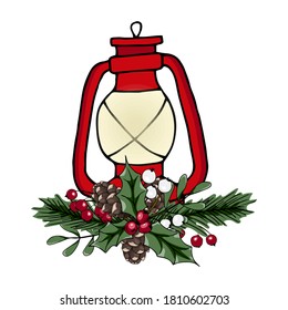 Christmas vector illustration. Lamp with red and white berries, fir cones, fir branches. Beautiful design for printing greeting card, invitation, poster, tag, label, gift decoration