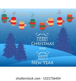 Christmas. vector illustration of Christmas landscape. garland of knitted mittens