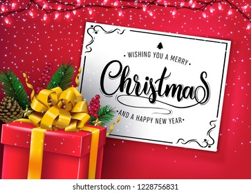 Christmas Vector Illustration with Christmas Lights and Red Gift Box in Red Color Background with Holiday Greeting Card and Wishing You A Merry Christmas and A Happy New Year Message Design
