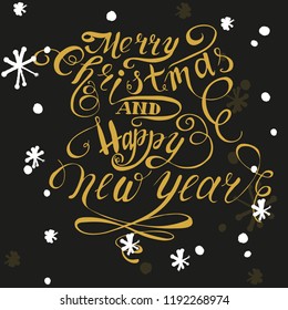Christmas vector illustration. Merry Chrismas print. Happy New year print. Christmas snowflackes. Lettering. Perfect for greetings, invitations, manufacture wrapping paper and web design. Gold.