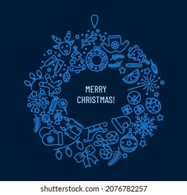 Christmas vector illustration. Merry Christmas text on deep blue background with various festive icons in a form of a devorative wreath. Creative image concept for social media, website or print.