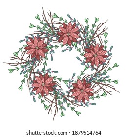 Christmas vector illustration with mistletoe, branches, poinsettia. Handmade, card for you, prints on T-shirts