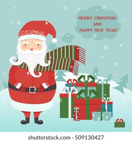 Christmas vector illustration. New Year Concept.Jolly cartoon Santa Clause, winter forest background, Christmas trees and snow. 
Wishing a happy Christmas and New Year!