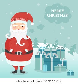 Christmas vector illustration. New Year Concept.Jolly cartoon Santa Clause, winter forest background, Christmas trees and snow. 
Wishing a happy Christmas and New Year!