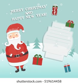 Christmas vector illustration. New Year Concept.Jolly cartoon Santa Clause, winter forest background, Christmas trees and snow. Wishing a happy Christmas and New Year!