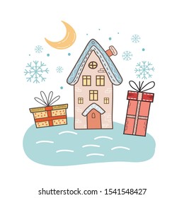Christmas vector illustration. Christmas night. Freehand color drawing. House, gifts and the moon