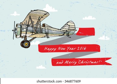 Navidades Ilustración vectorial de un viejo avión sobre un fondo de cielo y nubes.