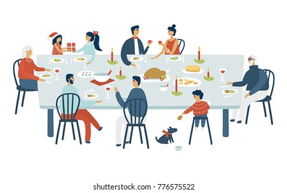 Christmas vector illustration on white background. Happy family celebrate at the same table. Template for your design. Merry christmas and Happy new year. 