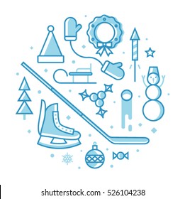 Christmas, vector illustration, outline icon set, white background: hat of Santa Claus, mittens, xmas tree, skates, christmas ball, candy, hokey, snowman, fireworks, star, wreath, sled