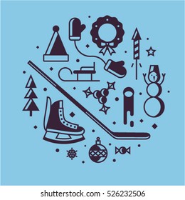 Christmas, vector illustration, outline icon set, blue background: hat of Santa Claus, mittens, xmas tree, skates, christmas ball, candy, hokey, snowman, fireworks, star, wreath, sled