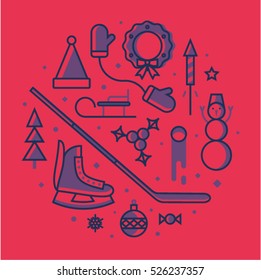 Christmas, vector illustration, outline icon set, red background: hat of Santa Claus, mittens, xmas tree, skates, christmas ball, candy, hokey, snowman, fireworks, star, wreath, sled