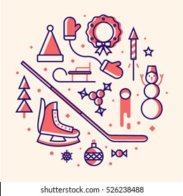 Christmas, vector illustration, outline icon set, white background: hat of Santa Claus, mittens, xmas tree, skates, christmas ball, candy, hokey, snowman, fireworks, star, wreath, sled