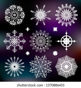 Christmas Vector illustration, paper cut snowflake icon set. Isolated white silhouette on dark gradient background. Applicable as a decorative element for Xmas, New year design, winter weather concept