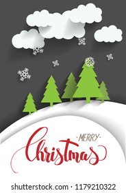 Christmas vector illustration: papercut style forest, snow and handwritten lettering 'Merry Christmas'.