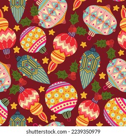 Christmas vector illustration. Pattern with christmas decorations. Dark background, wallpaper, flat art, cartoon style