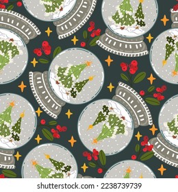 Christmas vector illustration. Pattern with christmas snowball, сhristmas trees, snow. Dark background, wallpaper, flat art, cartoon style
