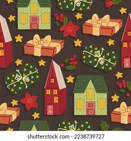 Christmas vector illustration. Pattern with toys, houses, gifts. Dark background, wallpaper, flat art, cartoon style