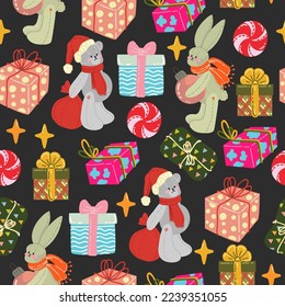 Christmas vector illustration. Pattern with toys, bear, rabbit, gifts. Dark background, wallpaper, flat art, cartoon style