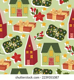 Ilustración vectorial de Navidad. Patrón con juguetes, casas, regalos. Fondo claro, papel tapiz, arte plano, estilo de dibujos animados