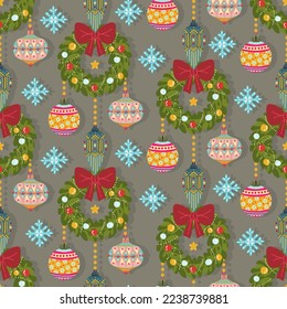 Christmas vector illustration. Pattern with christmas wreath, decorations. Dark background, wallpaper, flat art, cartoon style