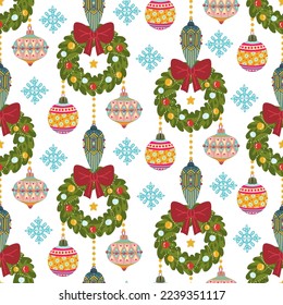 Christmas vector illustration. Pattern with christmas wreath, decorations. Light background, wallpaper, flat art, cartoon style