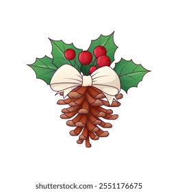 Christmas vector illustration of pine cone with bow and holly. Merry Christmas, New Year concept. For card design, poster decoration.