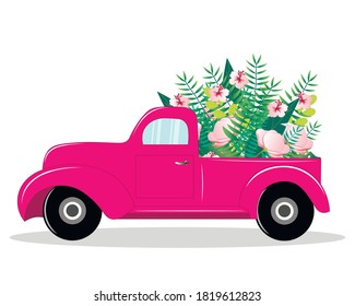 Christmas vector illustration of a pink pickup truck with  flowers. Perfect for greeting cards, party invitations, posters, stickers, pin, scrapbooking, icons.