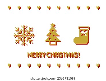 Christmas vector illustration. Pixel art design. Snow pattern, Christmas tree and socks. Heart pattern decorative border. White background.