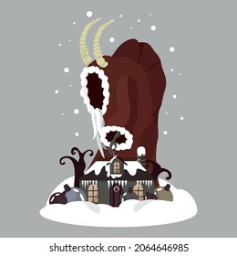 Christmas vector illustration, postcard, poster, banner. The traditional Christmas devil. Folklore of Krampus, the horned devil. Punishes naughty children. Logo. New Year.