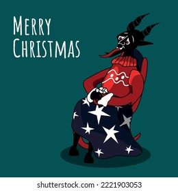 Christmas vector illustration, postcard, poster, banner. The traditional Christmas devil. Folklore about Krampus, the horned devil. Punishes naughty children. Logo. New Year. Krampus Dad.