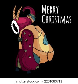 Christmas vector illustration, postcard, poster, banner. The traditional Christmas devil. Folklore about Krampus, the horned devil. Punishes naughty children. Logo. New Year. Krampus Dad.