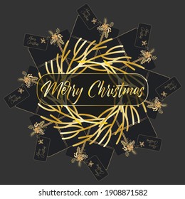 Christmas Vector Illustration with presents and gold wreath on a dark background