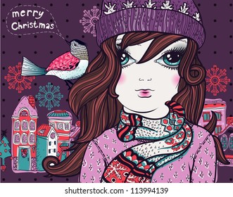 Christmas vector illustration of a pretty girl in winter cloth and colored houses